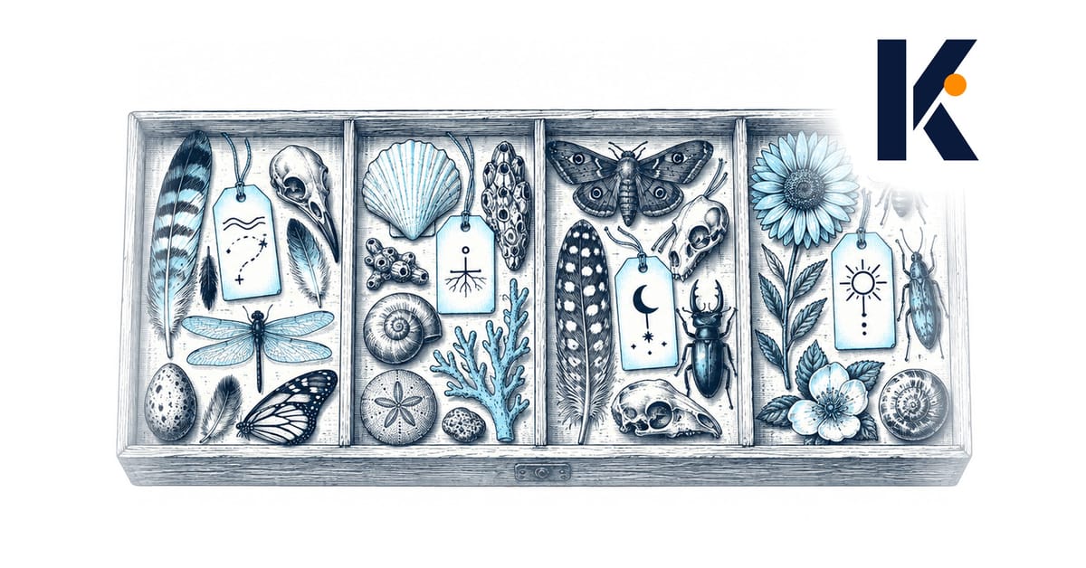 Plateau naturaliste avec spécimens en 4 groupes comportementaux annotés - migrateur, sessile, nocturne, diurne - illustration