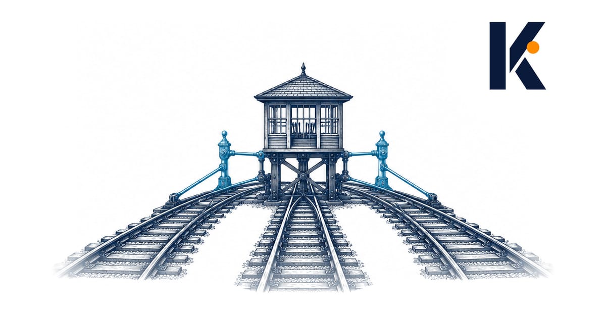 Jonction ferroviaire du 19e siècle : trois voies convergent vers une même tour d'aiguillage, dessin technique annoté.