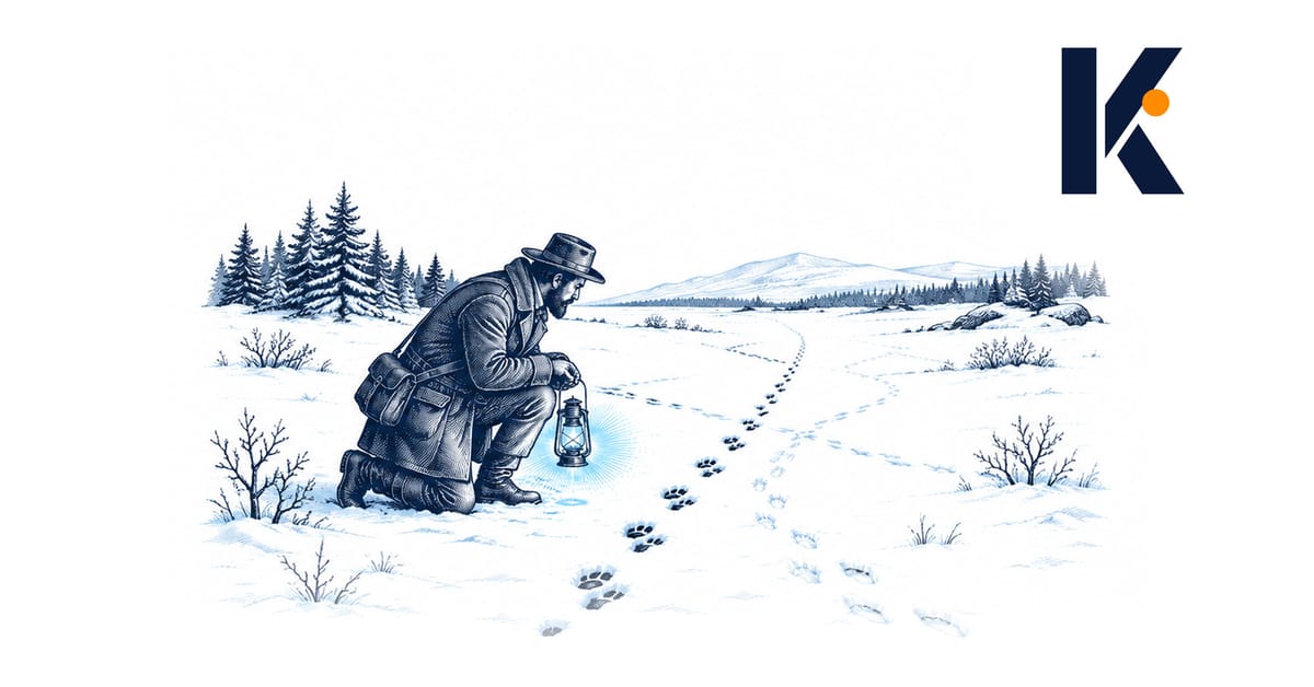Naturaliste 19e agenouillé dans la neige, lisant une longue piste d'empreintes fraîches qui s'éloigne, l'animal hors champ.