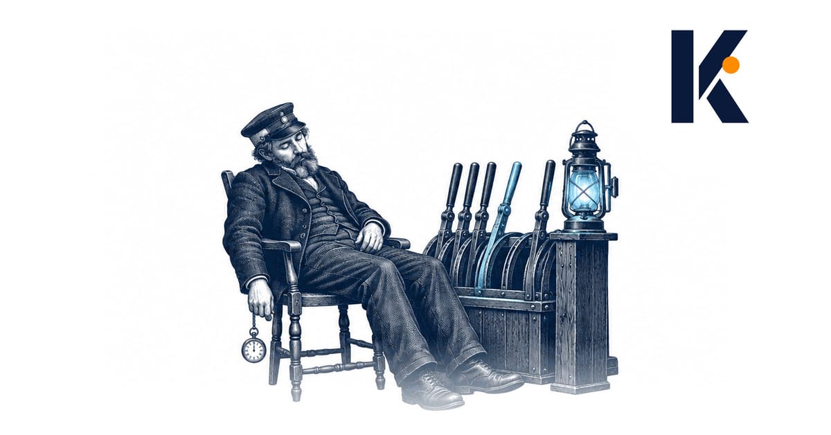 Veilleur de nuit endormi près d'une lampe de signalisation, un levier du panneau déplacé sans vérification - gravure 19e.