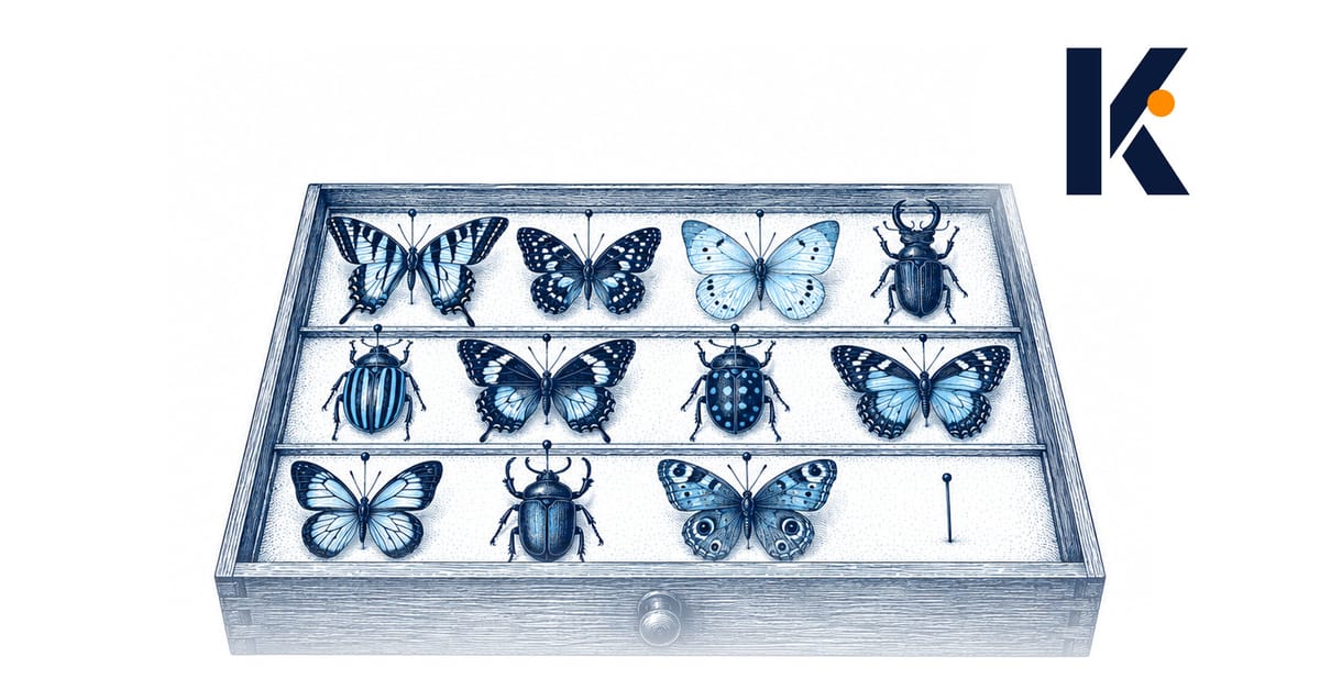 Tiroir d'entomologiste aux spécimens variés alignés sur des rangées étiquetées, une épingle encore vide - planche naturaliste