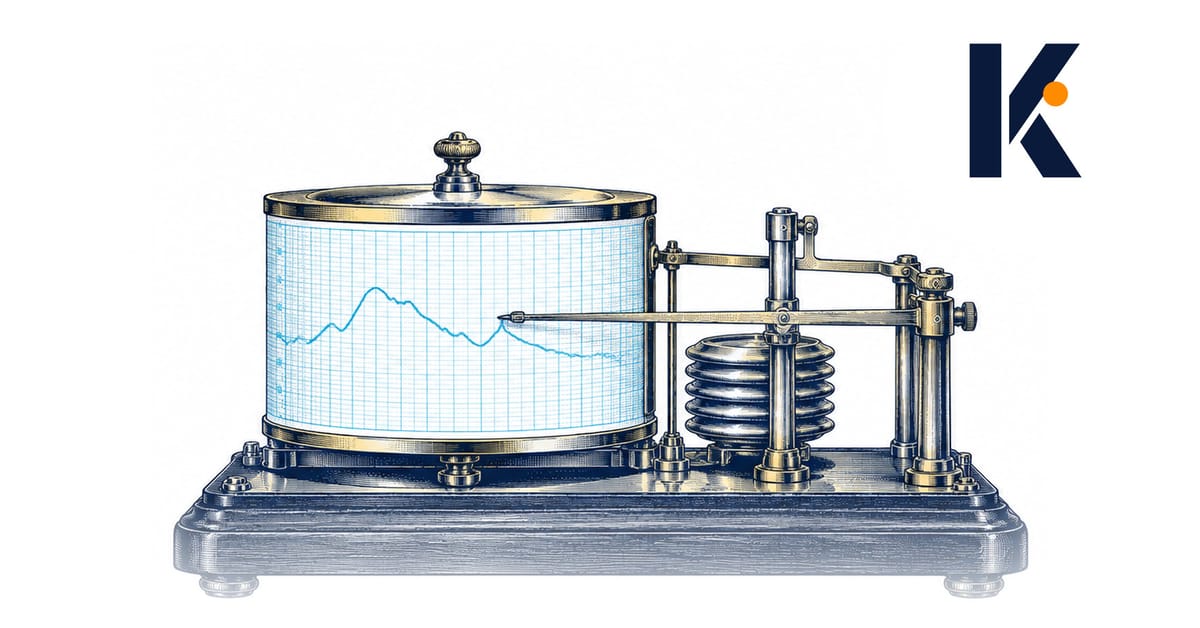 Barographe du 19e : tambour de laiton à charte graduée, trace d'encre unique - gravure naturaliste.