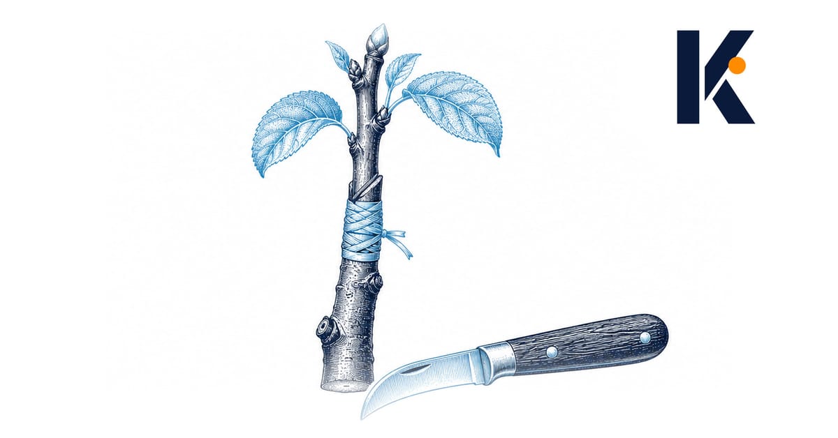 Greffe de pommier liée au raphia sur son porte-greffe, coupes alignées - planche naturaliste.