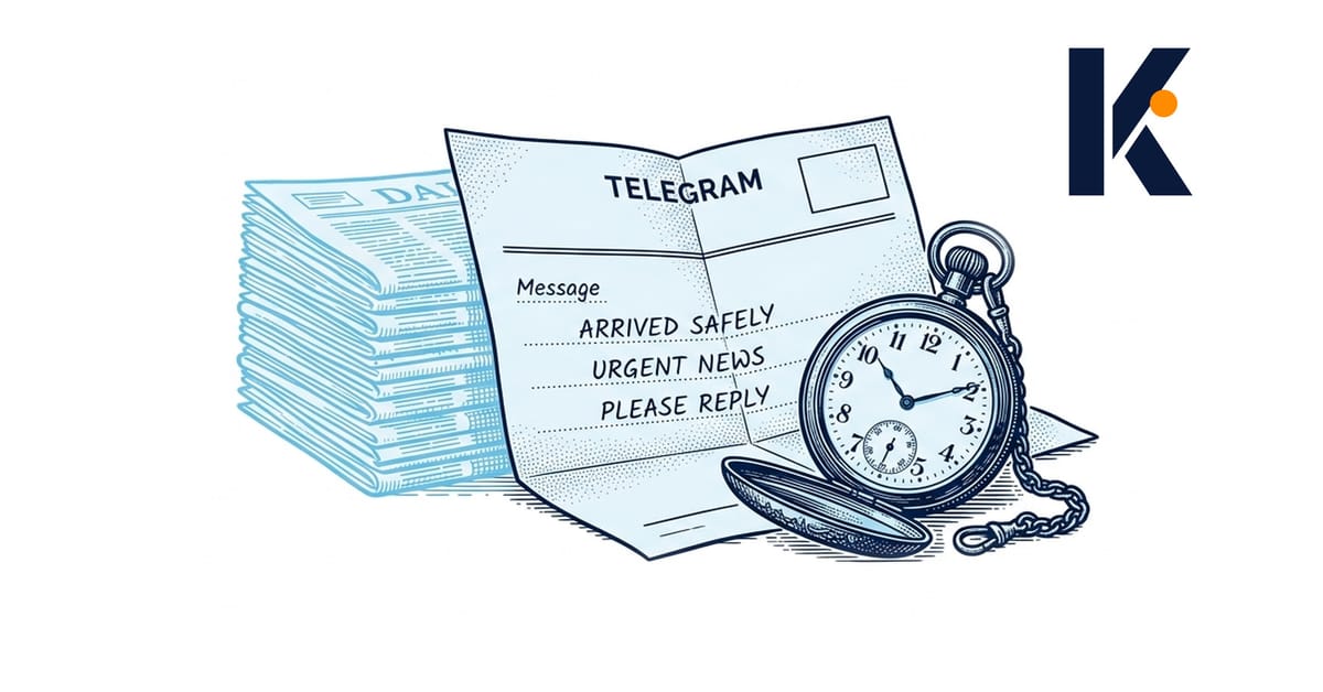 Télégramme ouvert posé près d'une montre gousset, pile de journaux quotidiens non ouverts rejetée au bord du bureau.