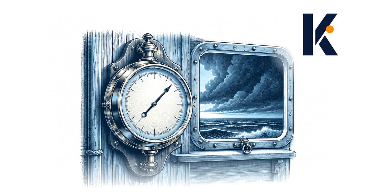 Baromètre en laiton au beau fixe sur une cloison de cabine, ciel d'orage à la fenêtre - gravure naturaliste 19e.