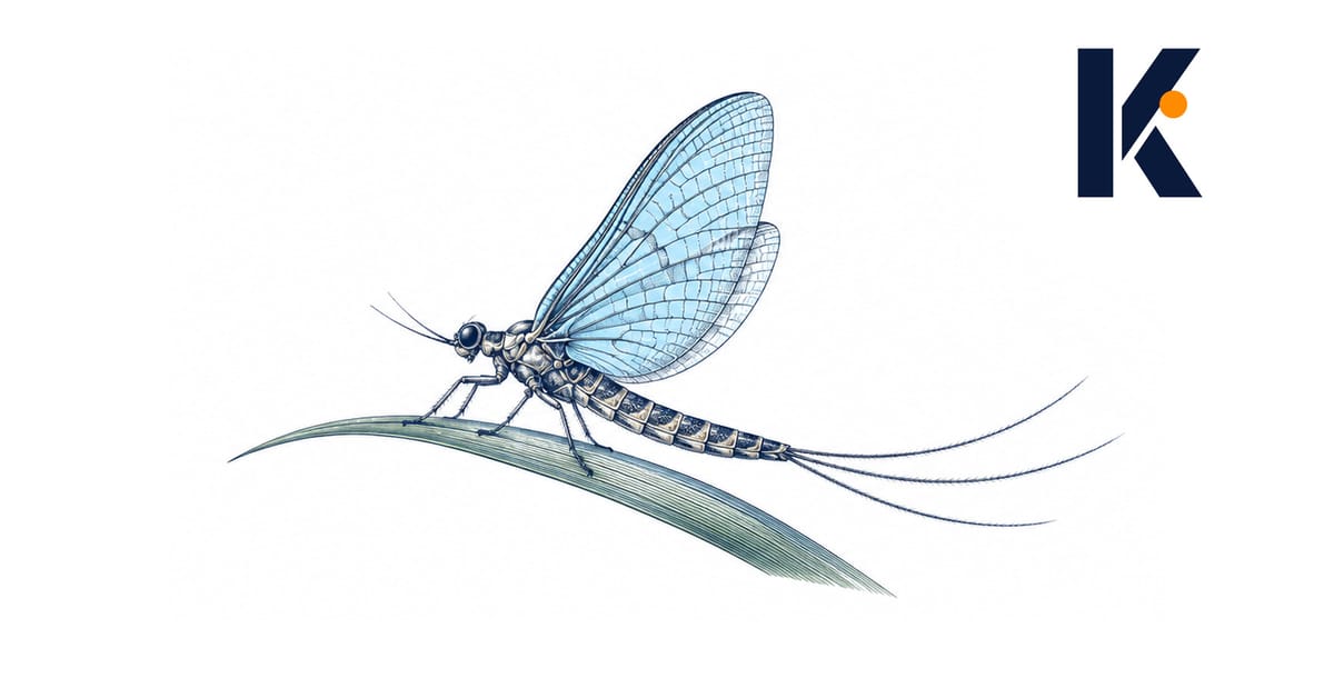 Éphémère posé sur une tige de roseau au-dessus de l'eau calme, ailes dressées et longs filaments déployés - gravure entomolog
