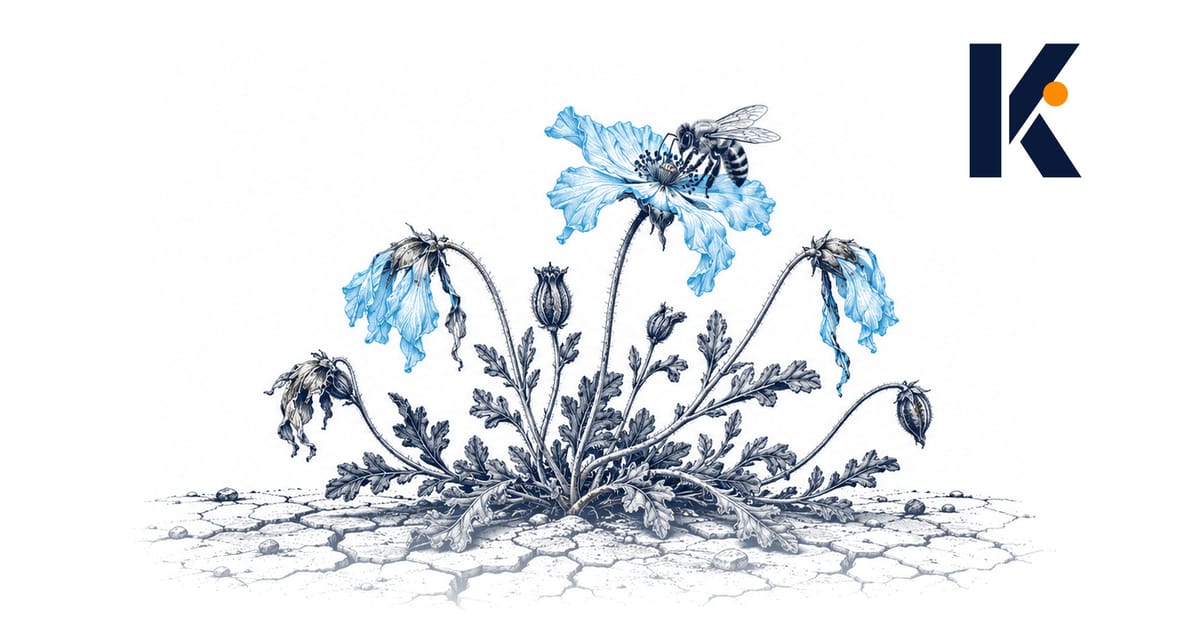 Plante éphémère du désert fleurie quelques jours après la pluie, sur un sol craquelé - gravure naturaliste 19e.