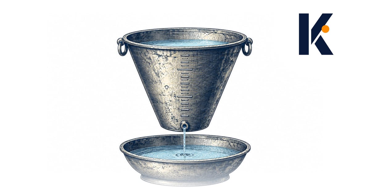 Clepsydre antique en bronze, l'eau s'écoule par un petit orifice vers le bol inférieur - gravure naturaliste 19e.