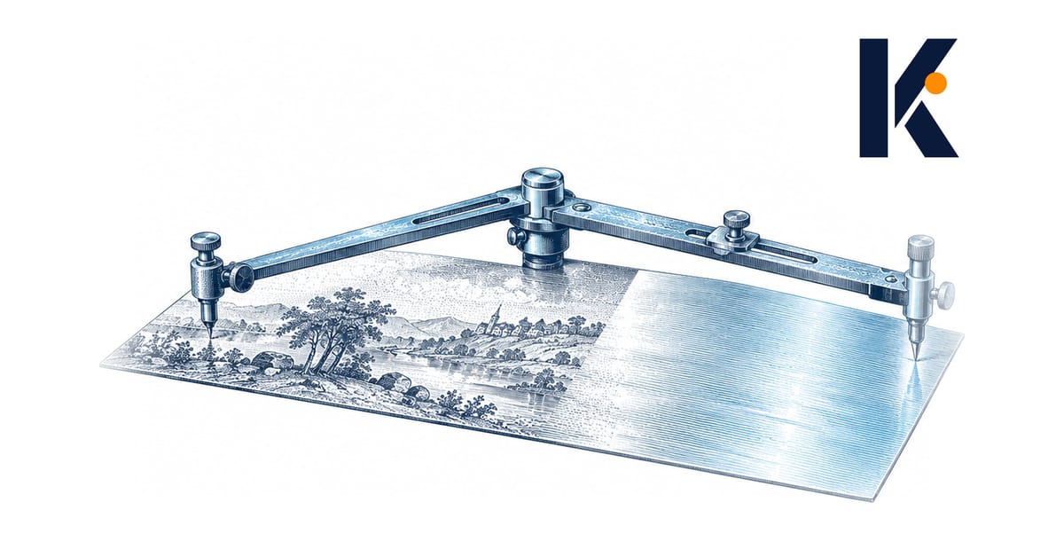 Pantographe en laiton sur plaque de cuivre gravée, bras et stylet reliés par un pivot - gravure naturaliste 19e.