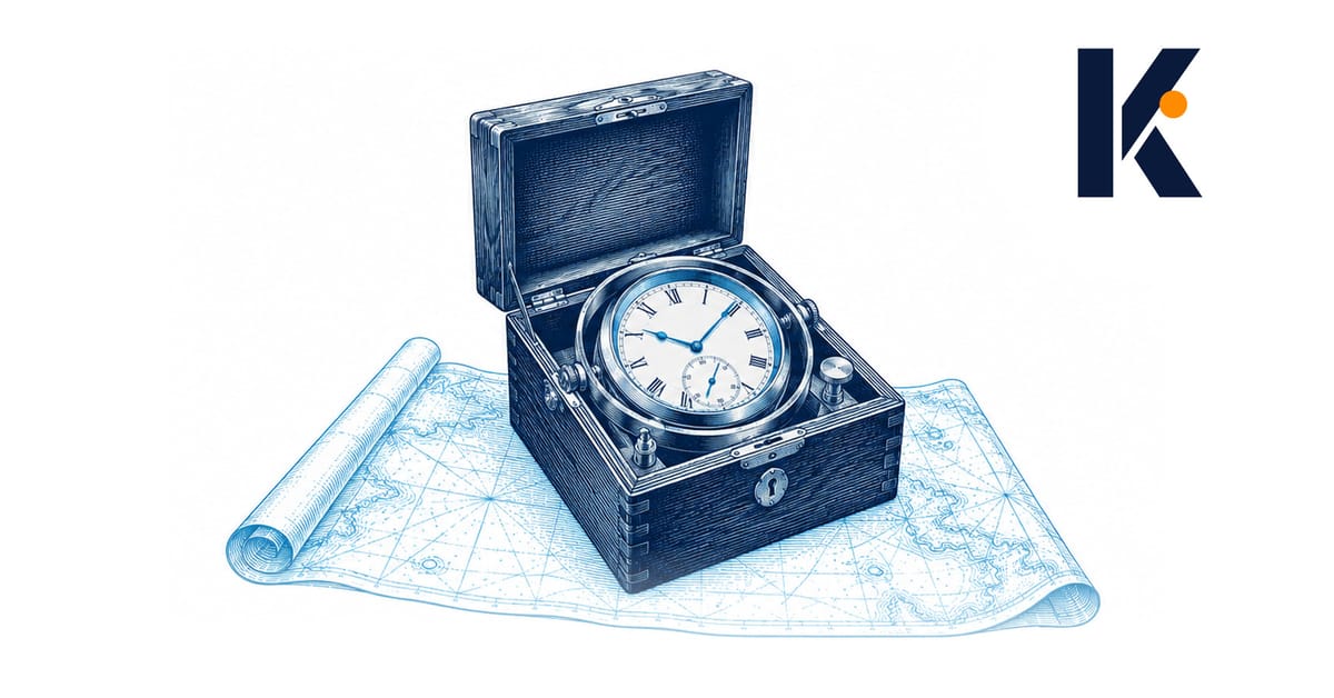 Chronomètre de marine en laiton dans sa boîte à cardan, cadran gravé, posé sur une carte marine - gravure naturaliste 19e.