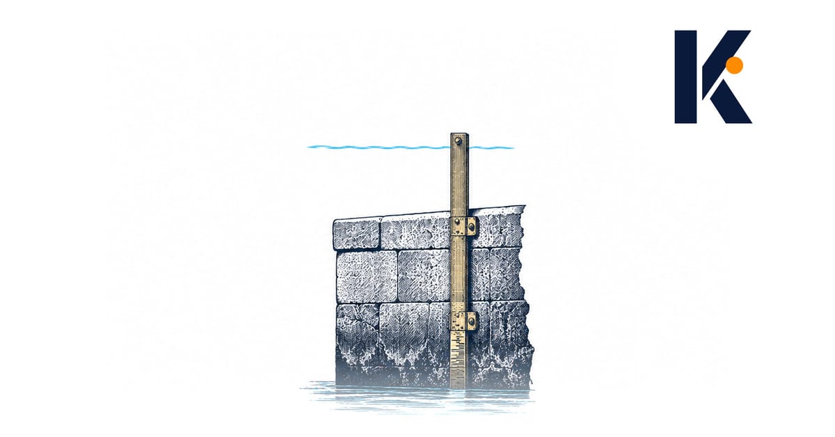 Échelle de marée en laiton sur un quai de pierre, sa graduation dépassée par une ligne d'eau plus haute - gravure 19e.