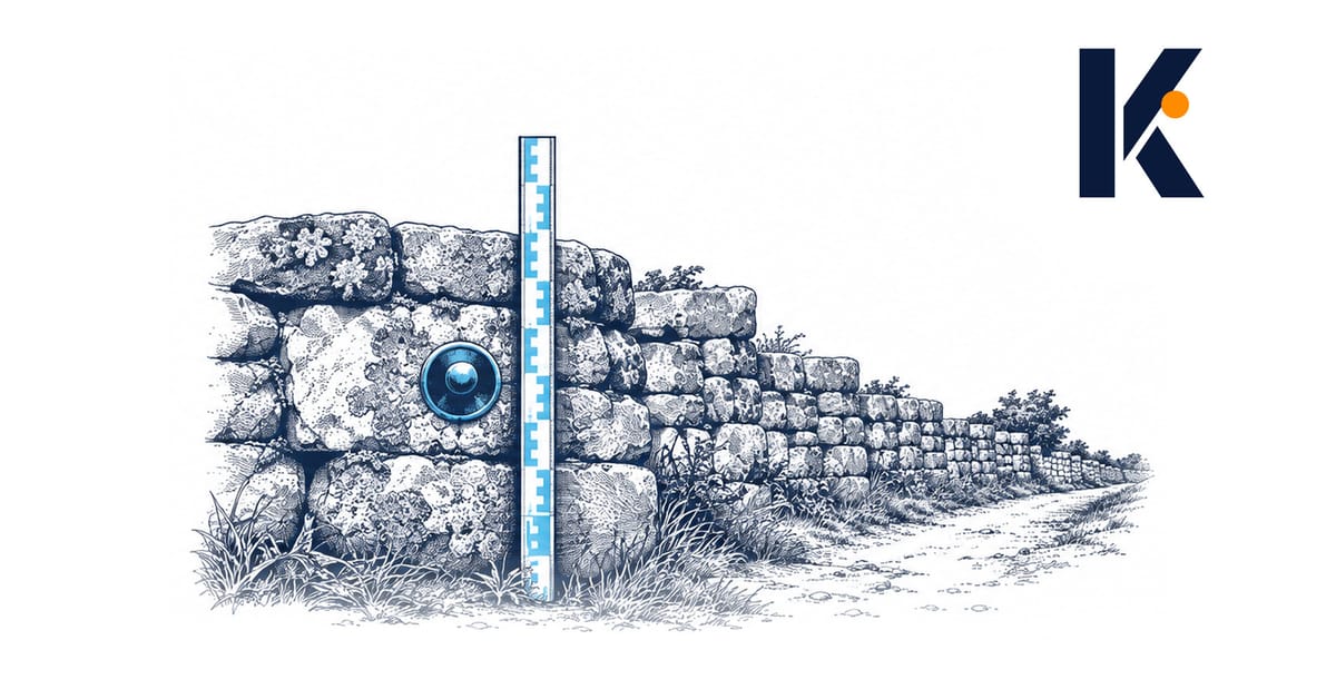 Repère de nivellement en laiton scellé dans un mur de pierre, mire de géomètre posée à côté - gravure du 19e siècle.